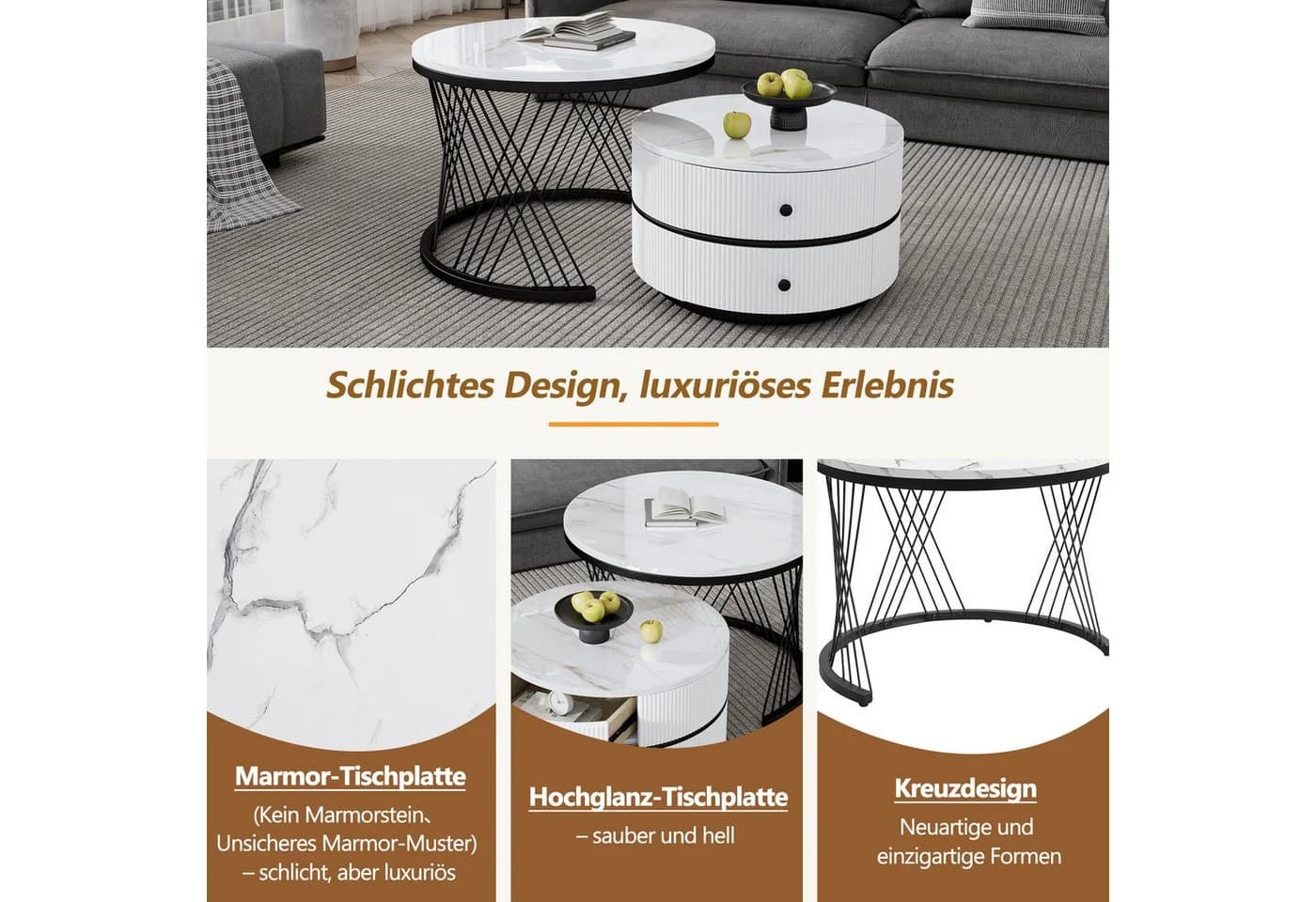 Merax Couchtisch Set 2-tlg. Weiß Gold Hochglanz Marmor MDF