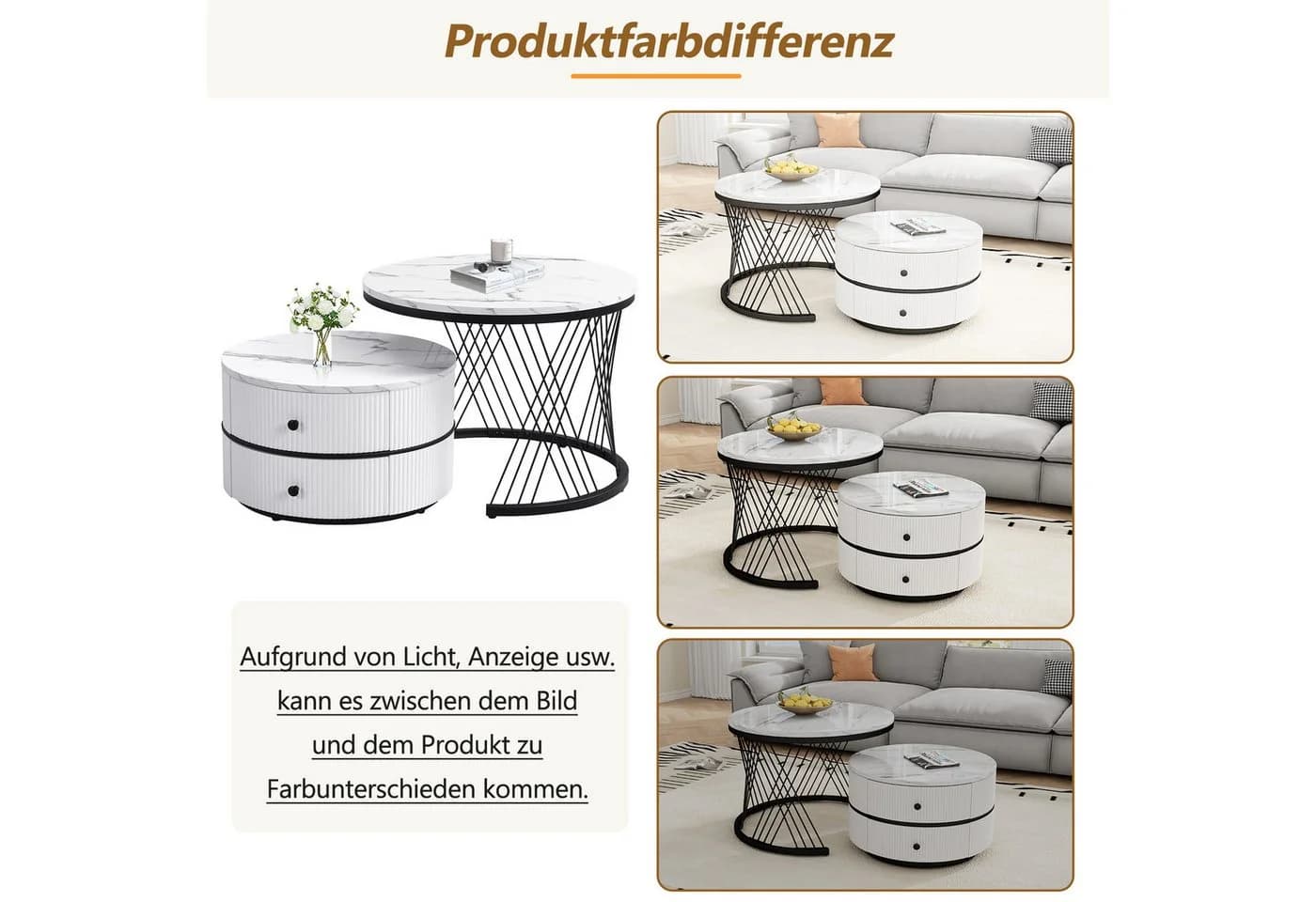 Merax Couchtisch Set 2-tlg. Weiß Gold Hochglanz Marmor MDF - Bild 3