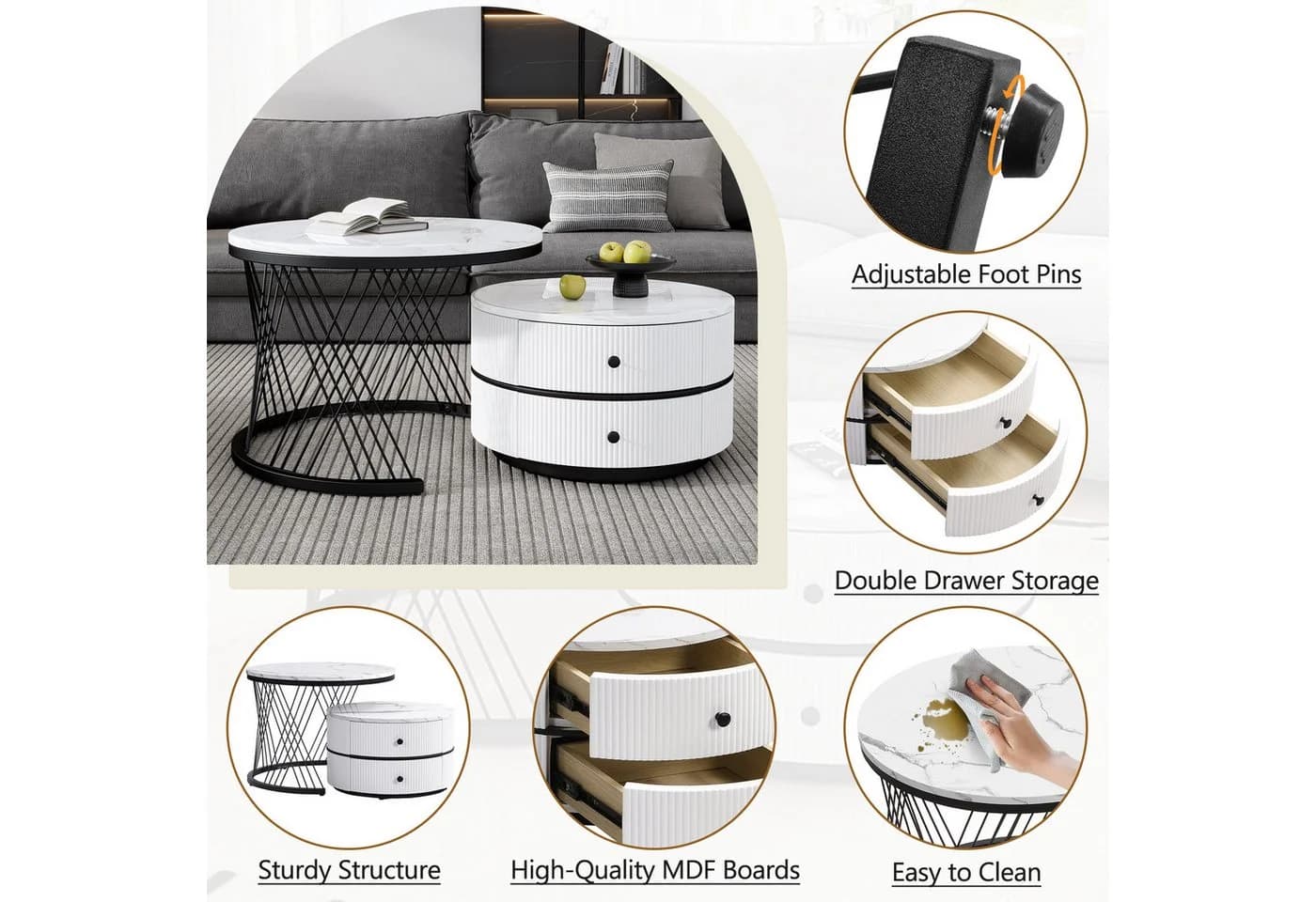 Merax Couchtisch Set 2-tlg. Weiß Gold Hochglanz Marmor MDF - Bild 4