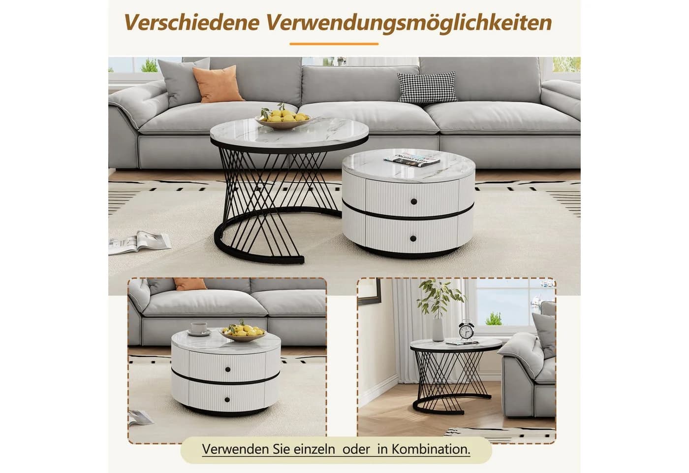 Merax Couchtisch Set 2-tlg. Weiß Gold Hochglanz Marmor MDF - Bild 5