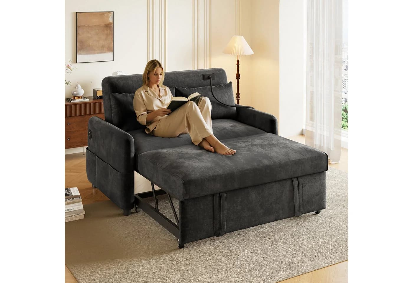 Merax Schlafsofa 3-in-1 mit USB, Handyhalter und Stauraum Grau - Bild 2