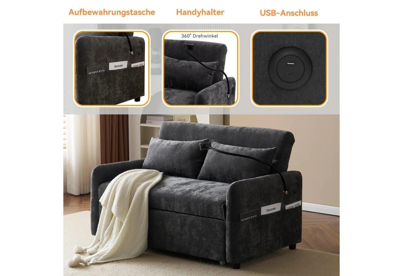Merax Schlafsofa 3-in-1 mit USB, Handyhalter und Stauraum Grau - Bild 3
