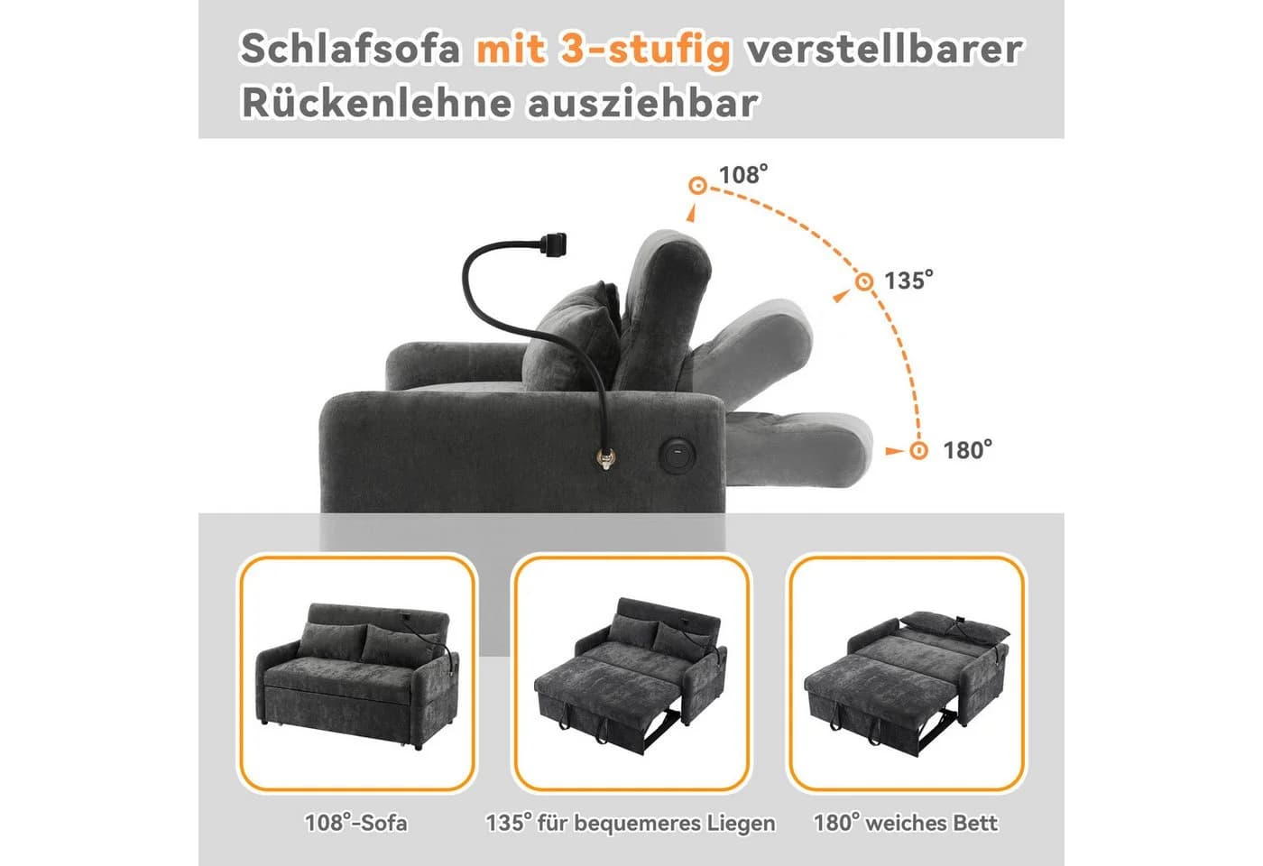 Merax Schlafsofa 3-in-1 mit USB, Handyhalter und Stauraum Grau - Bild 4