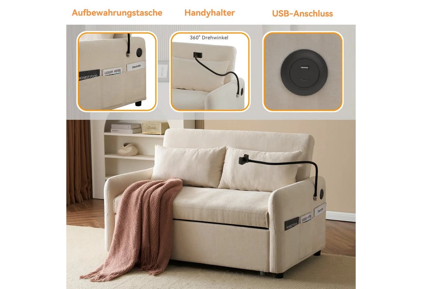 Merax Schlafsofa 3-in-1 mit USB & Handyhalter Beige Chenille - Bild 4