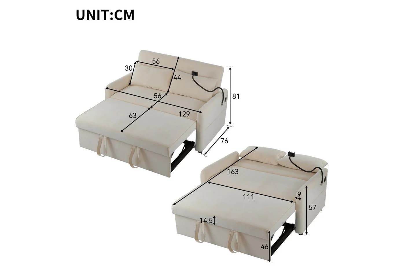 Merax Schlafsofa 3-in-1 mit USB & Handyhalter Beige Chenille - Bild 5