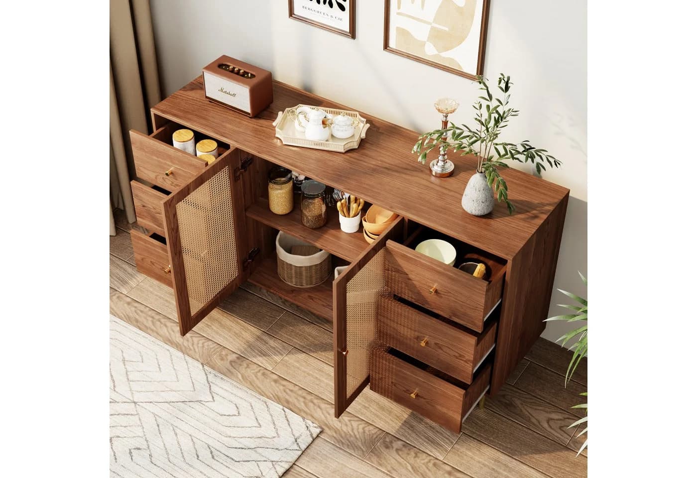 Flieks Kommode Sideboard 160cm 6 Schubladen Rattan Walnuss