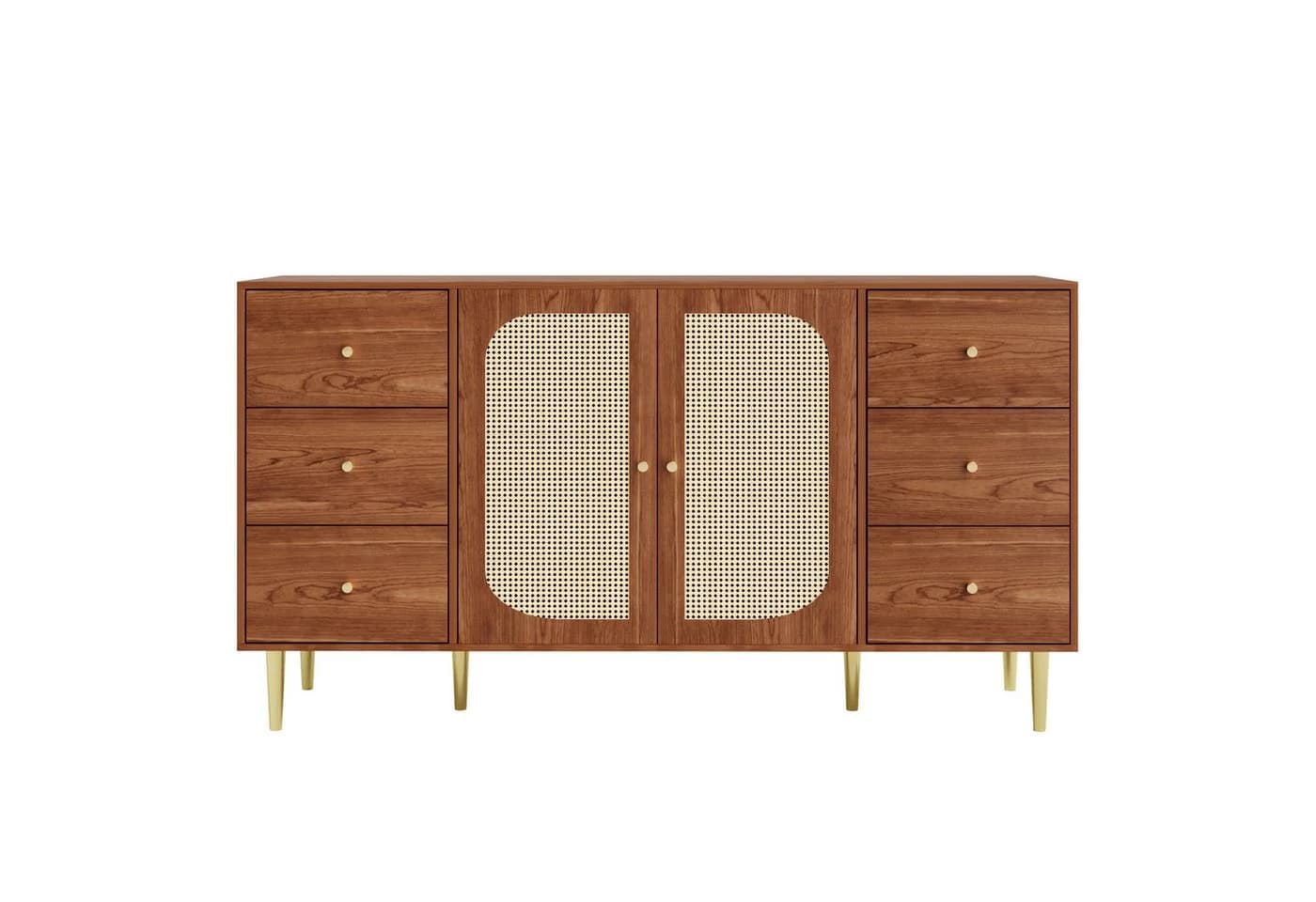 Flieks Kommode Sideboard 160cm 6 Schubladen Rattan Walnuss - Bild 2