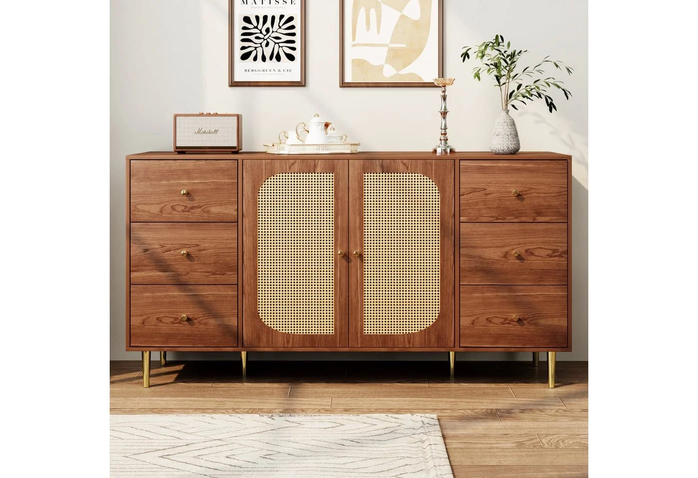 Flieks Kommode Sideboard 160cm 6 Schubladen Rattan Walnuss - Bild 3