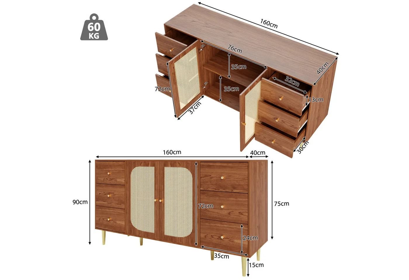 Flieks Kommode Sideboard 160cm 6 Schubladen Rattan Walnuss - Bild 4