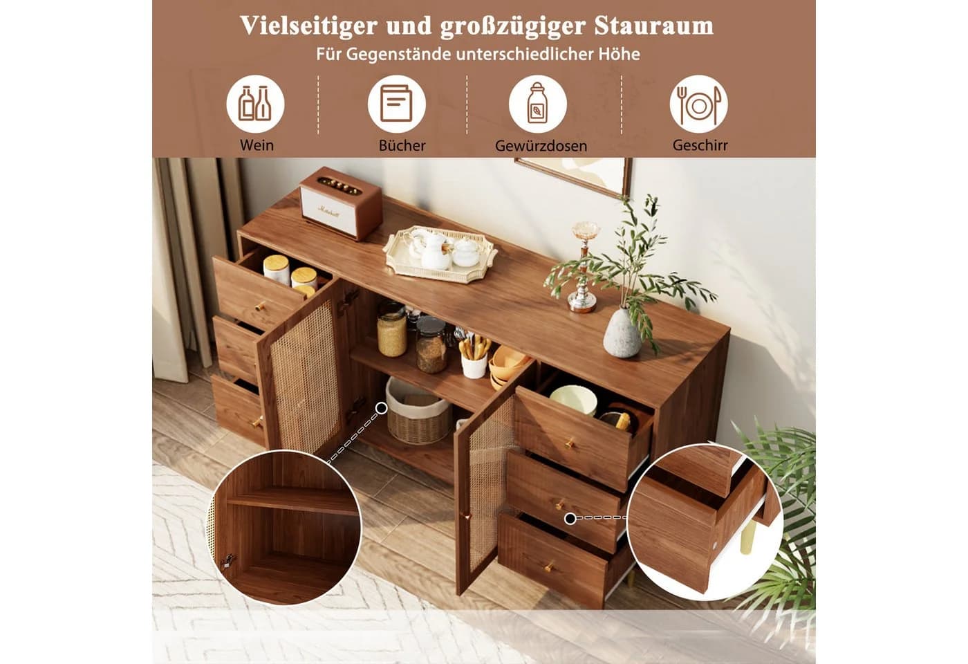 Flieks Kommode Sideboard 160cm 6 Schubladen Rattan Walnuss - Bild 5