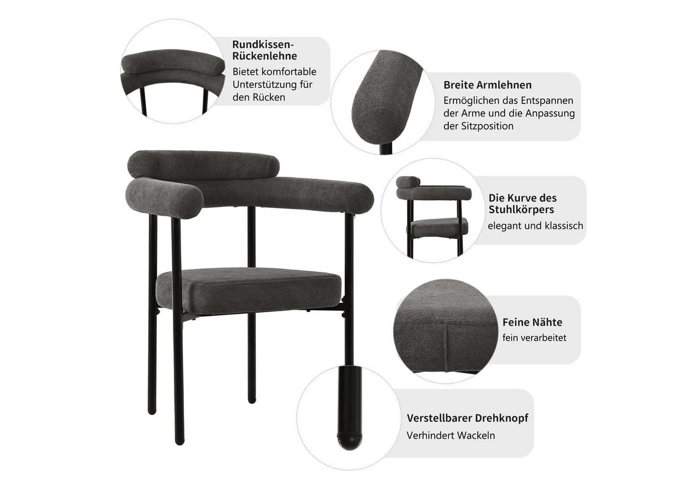 Flieks Esszimmerstuhl Set 2 Stuhl Grau/Schwarz Polsterstuhl - Bild 4