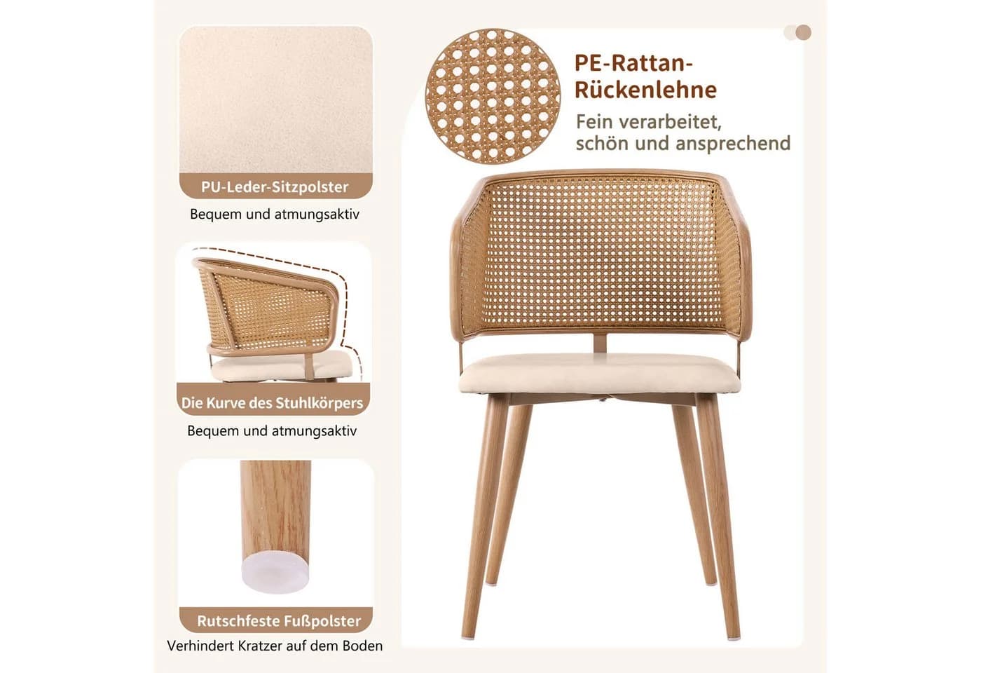Flieks Esszimmerstuhl 2er Set Kunstleder Rattan Beige/Braun - Bild 4