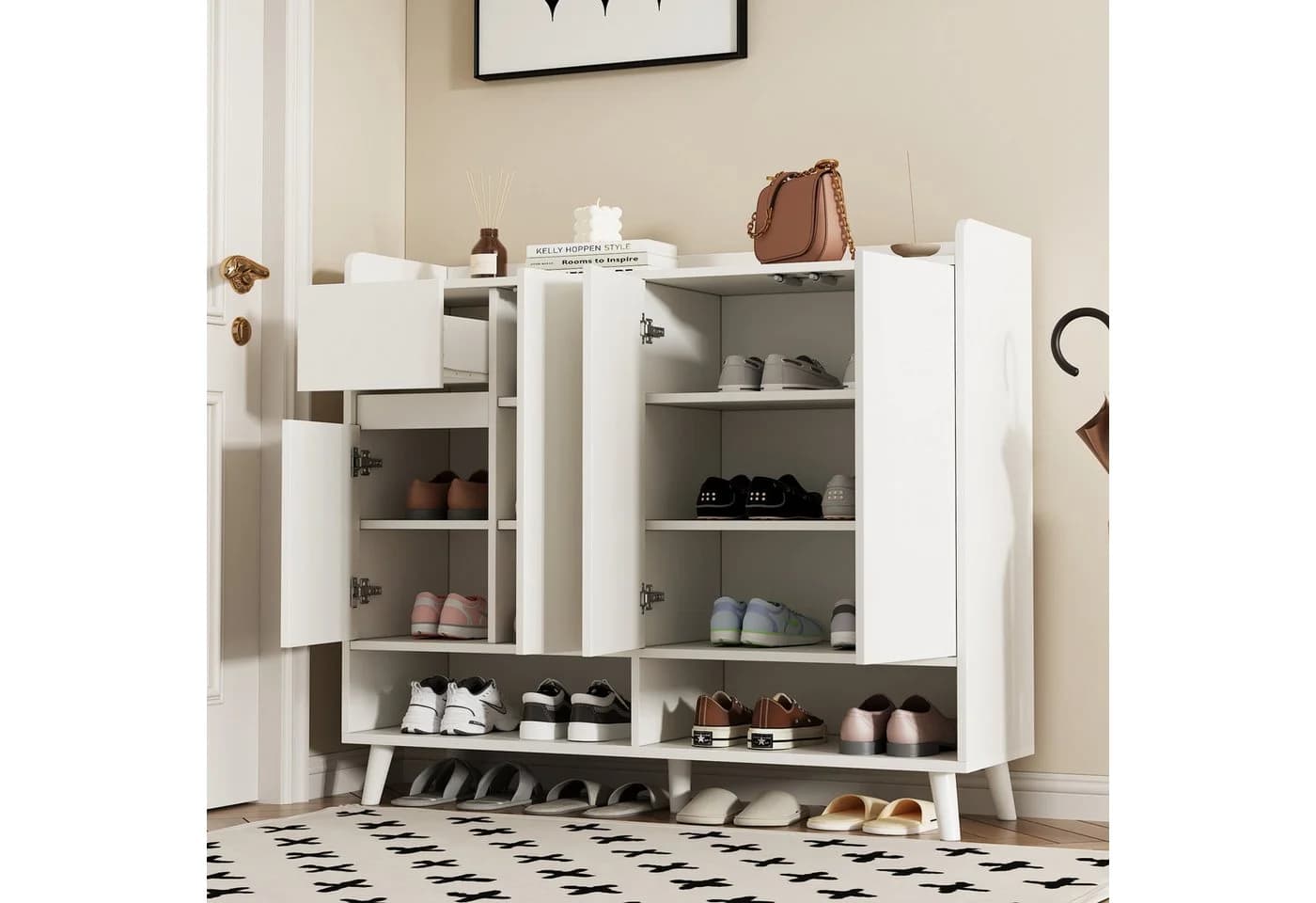 Flieks Schuhschrank mit 1 Schublade und 4 Türen Weiß/Natur