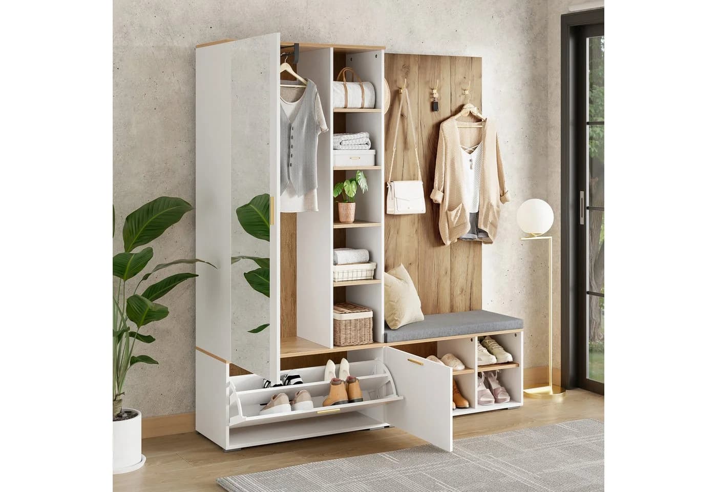 Flieks Garderoben-Set Schuhschrank Kleiderschrank Weiß Holzoptik - Bild 4