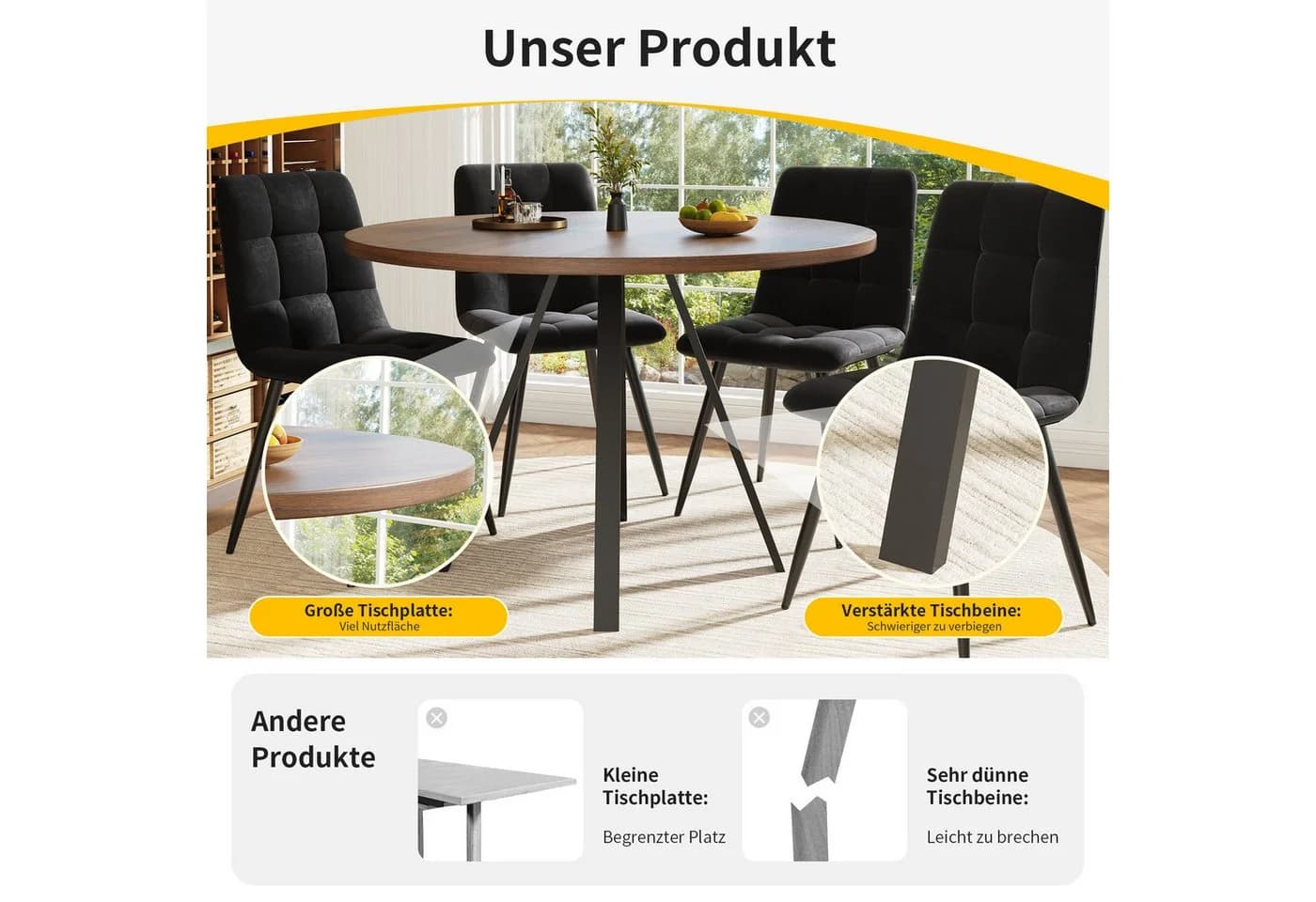 Flieks Essgruppe 5-tlg. Runder Esstisch mit 4 Samtstühlen - Bild 5