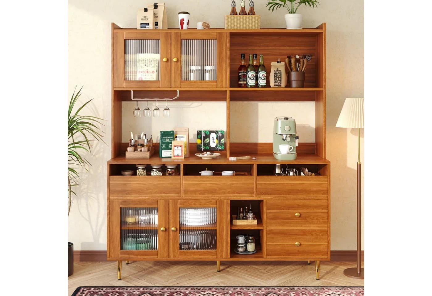 Flieks Hochschrank Küchenbuffet Walnussbraun mit Glastüren und Schubladen - Bild 2