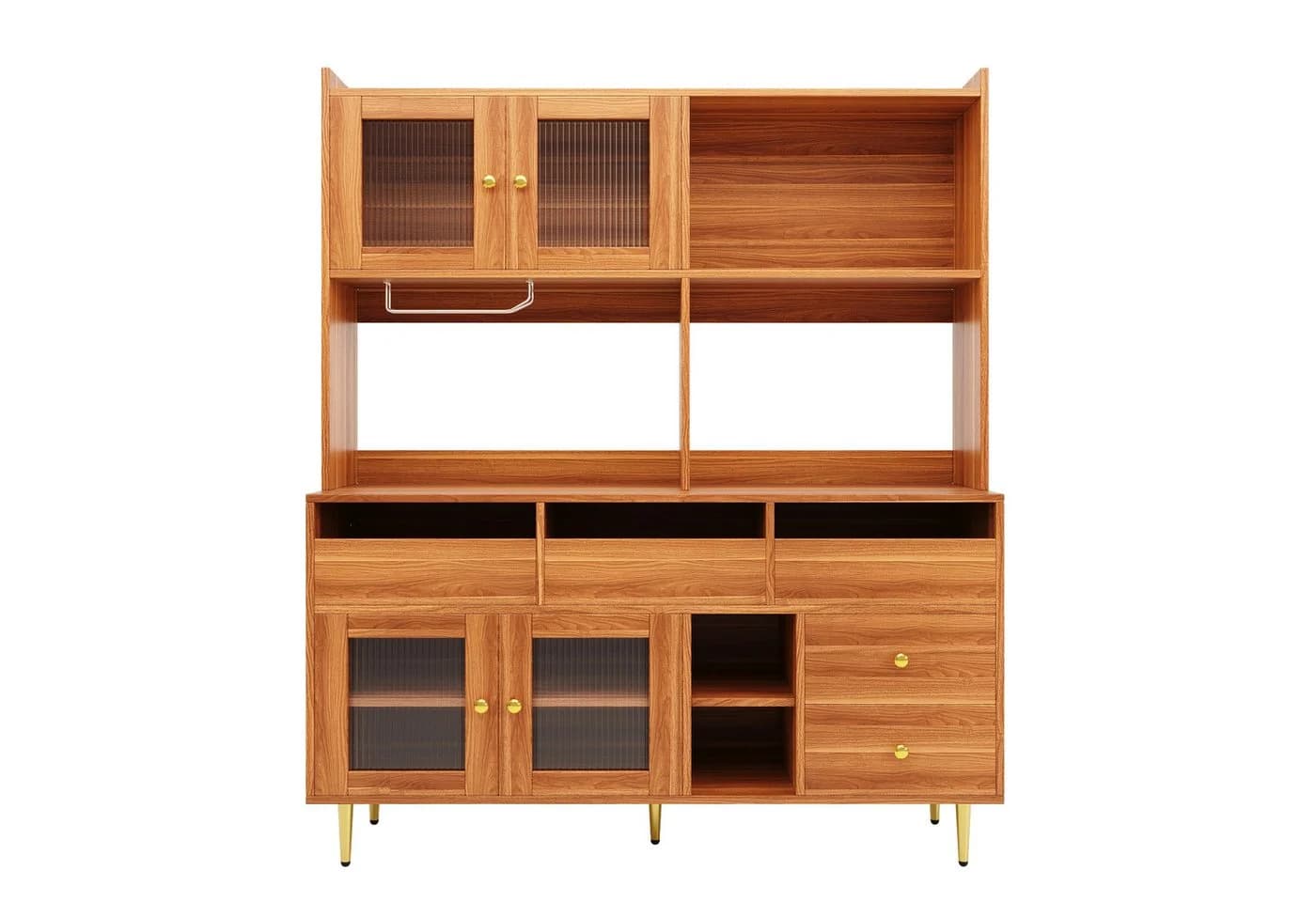 Flieks Hochschrank Küchenbuffet Walnussbraun mit Glastüren und Schubladen - Bild 3