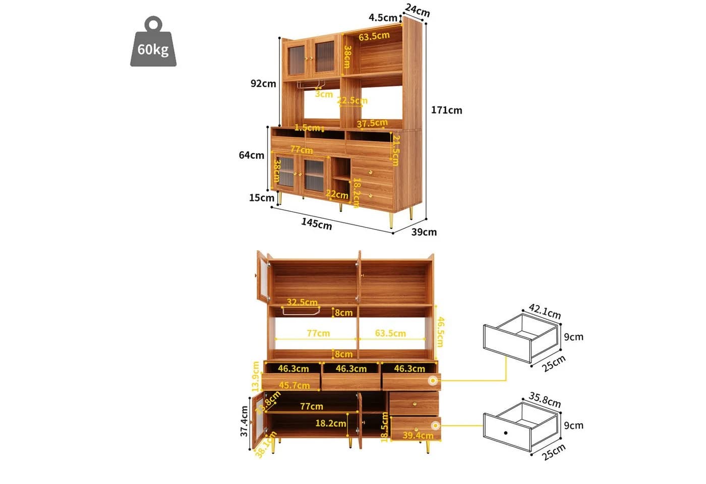 Flieks Hochschrank Küchenbuffet Walnussbraun mit Glastüren und Schubladen - Bild 4