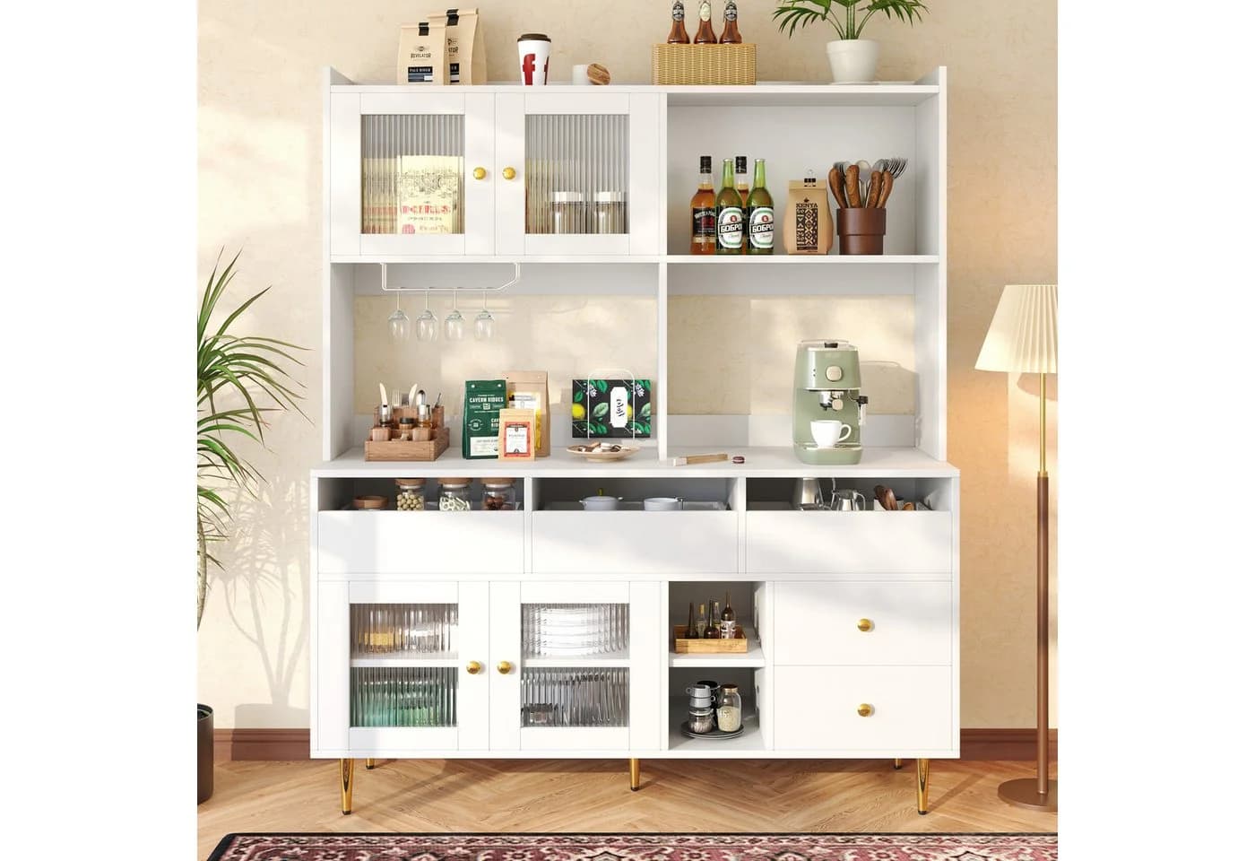 Flieks Hochschrank Küchenbuffet Weiß mit Glastüren und Schubladen - Bild 2