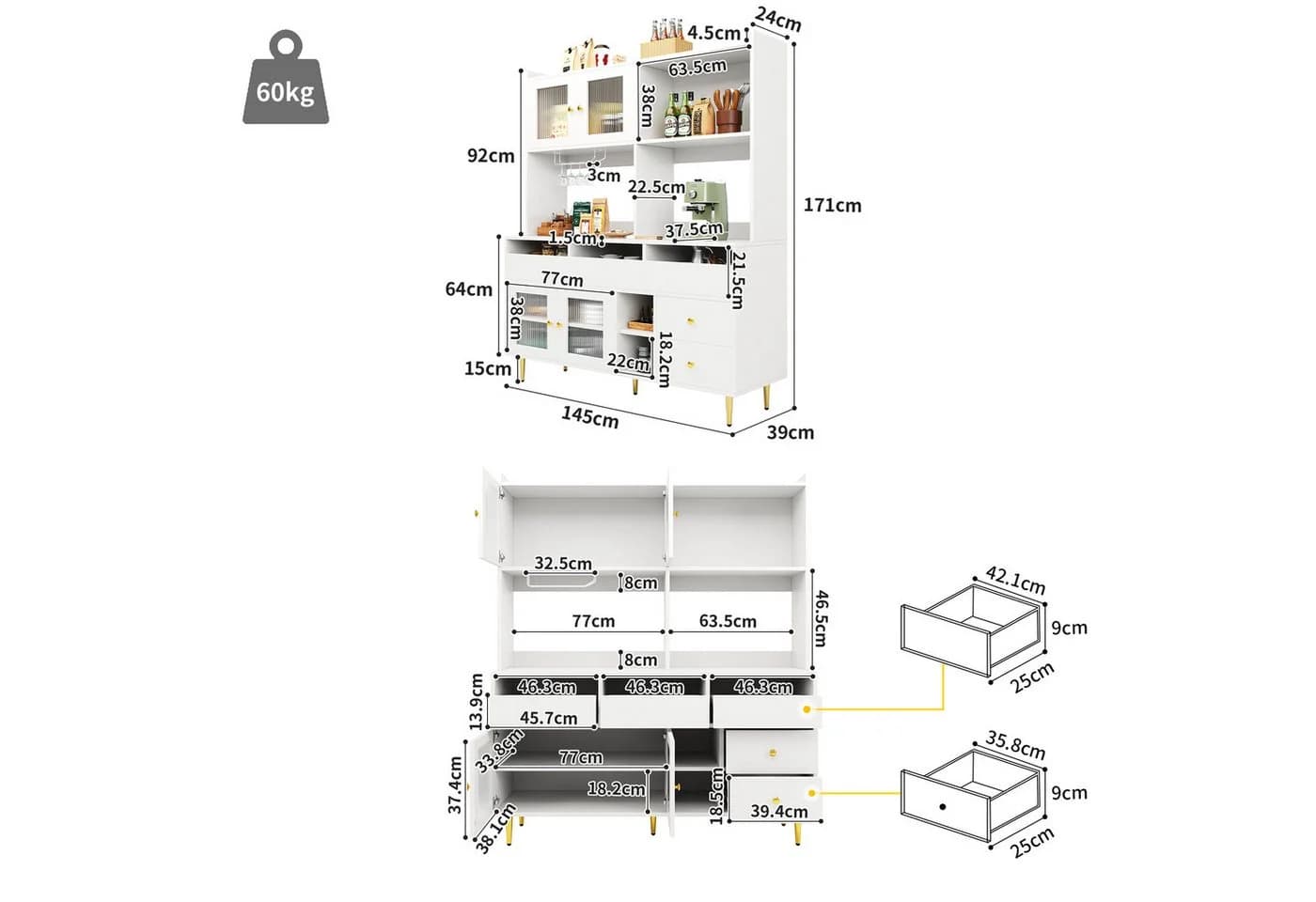 Flieks Hochschrank Küchenbuffet Weiß mit Glastüren und Schubladen - Bild 4