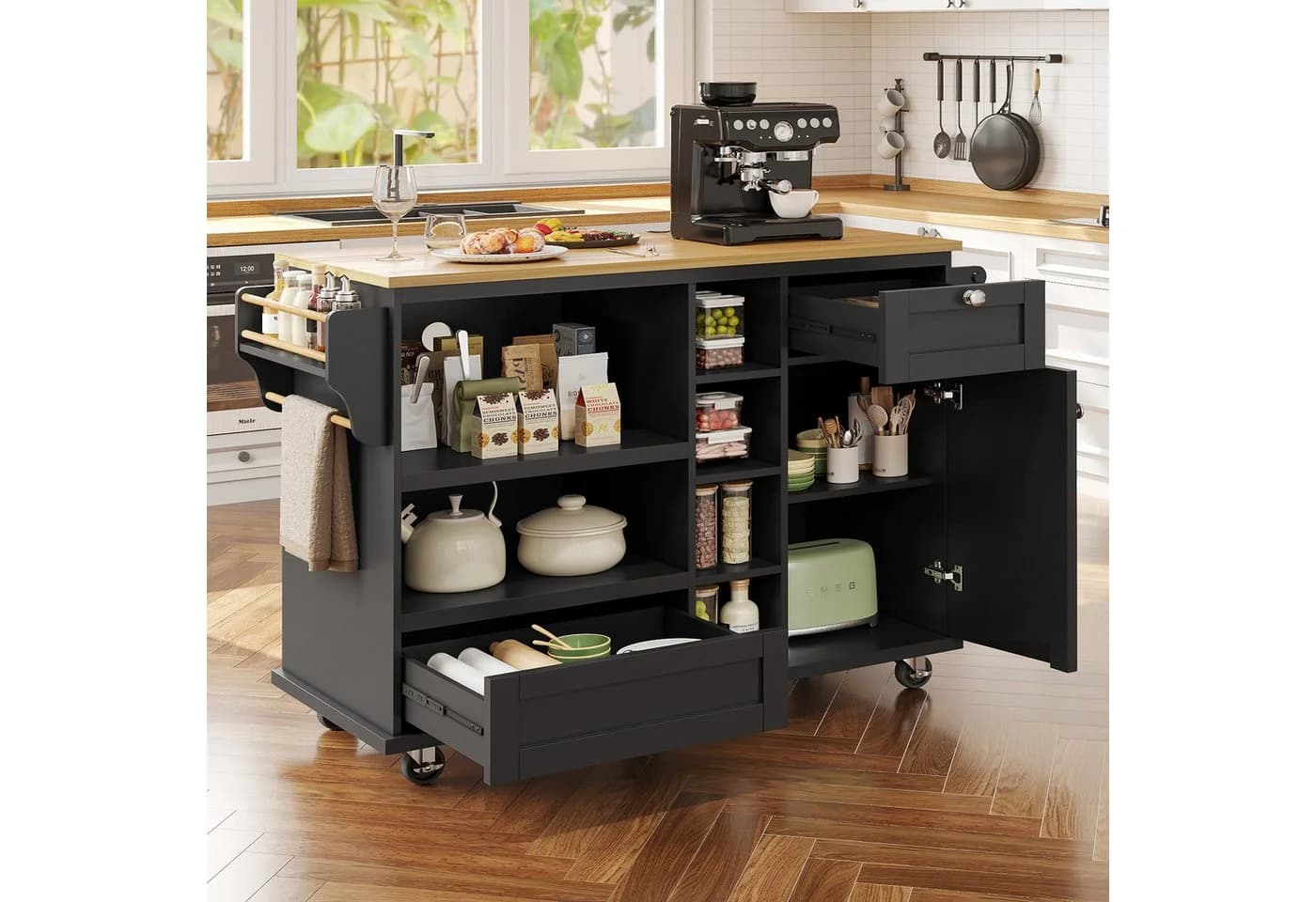 Flieks Küchenwagen Sideboard mit verstellbaren Einlegeböden und austauschbaren Rollen/Holzfüßen