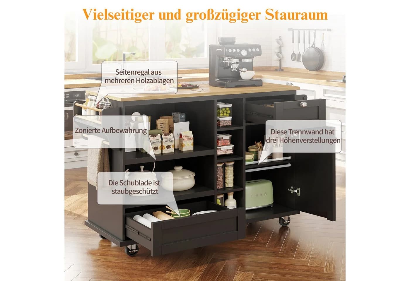 Flieks Küchenwagen Sideboard mit verstellbaren Einlegeböden und austauschbaren Rollen/Holzfüßen - Bild 5