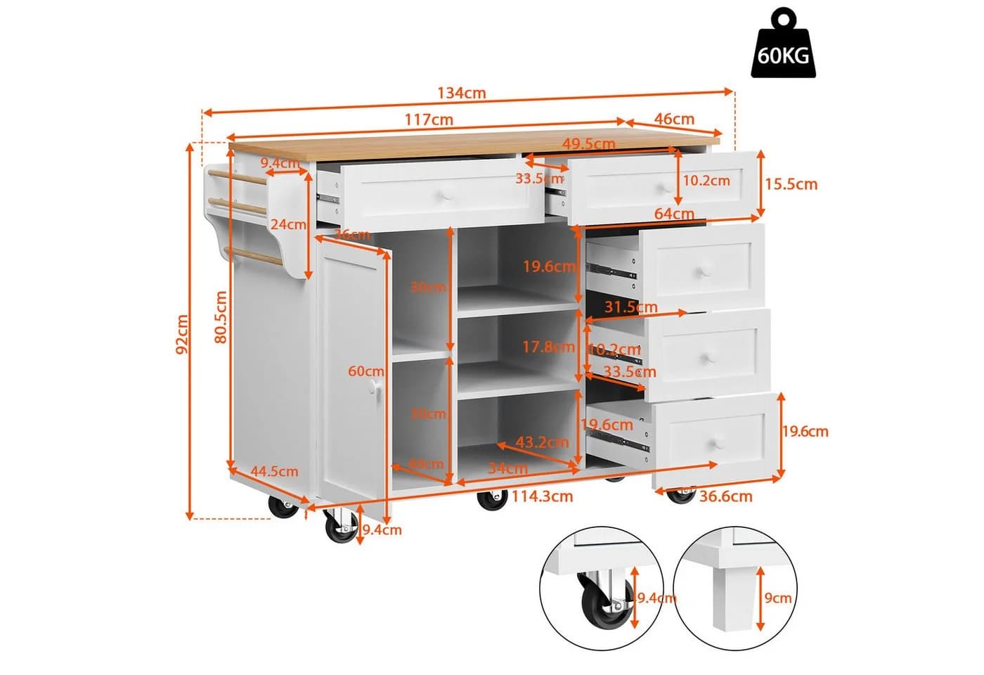 Flieks Küchenwagen Kücheninseln mit Rollen & Holzfüß austauschbar, Servierwagen Küchenschrank mit Arbeitsplatte Speisewagen Kommode - Bild 4