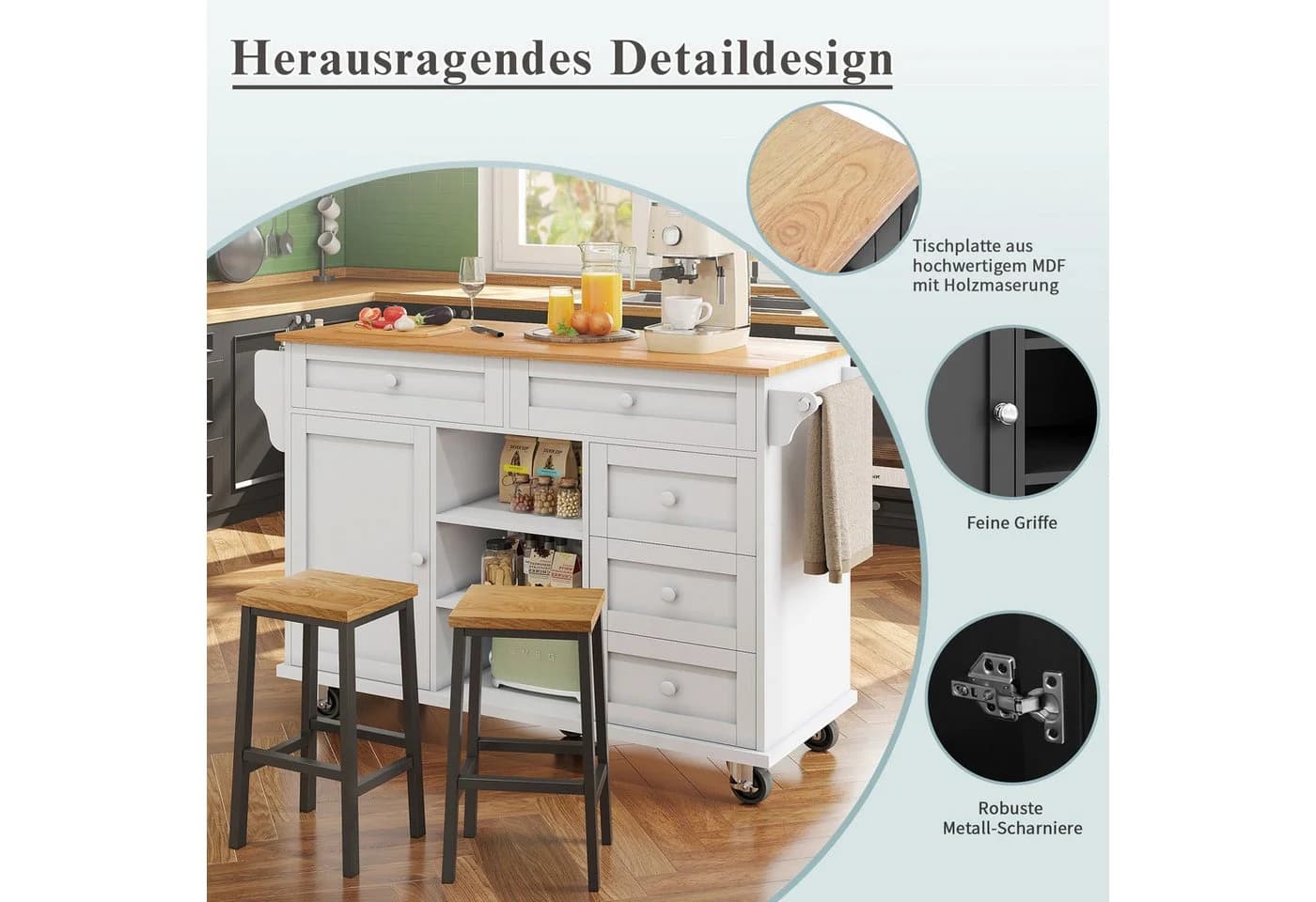 Flieks Küchenwagen Kücheninseln mit Rollen & Holzfüß austauschbar, Servierwagen Küchenschrank mit Arbeitsplatte Speisewagen Kommode - Bild 5