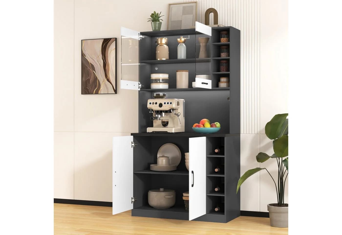 Flieks Küchenbuffet Hochschrank mit LED-Beleuchtung und Glastüren