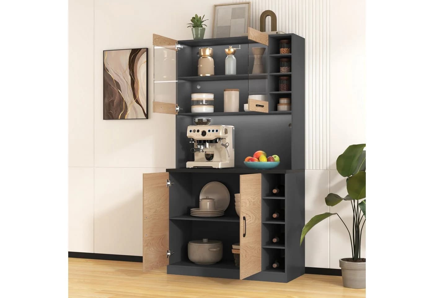 Flieks Küchenbuffet Hochschrank mit LED-Beleuchtung und Glastüren