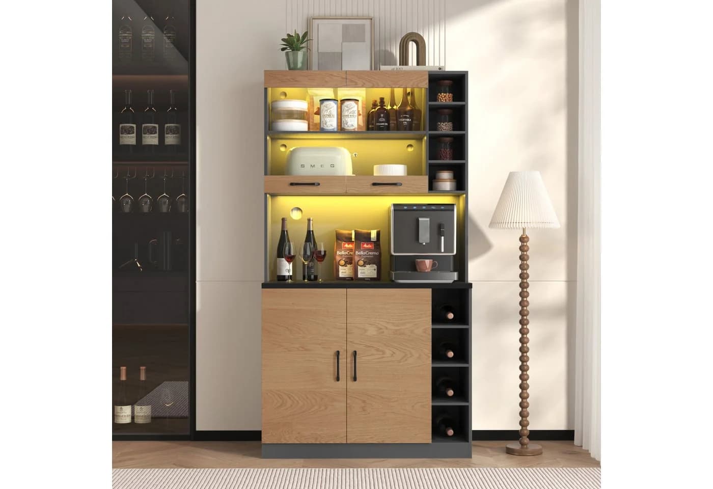 Flieks Küchenbuffet Hochschrank mit LED-Beleuchtung und Glastüren - Bild 2