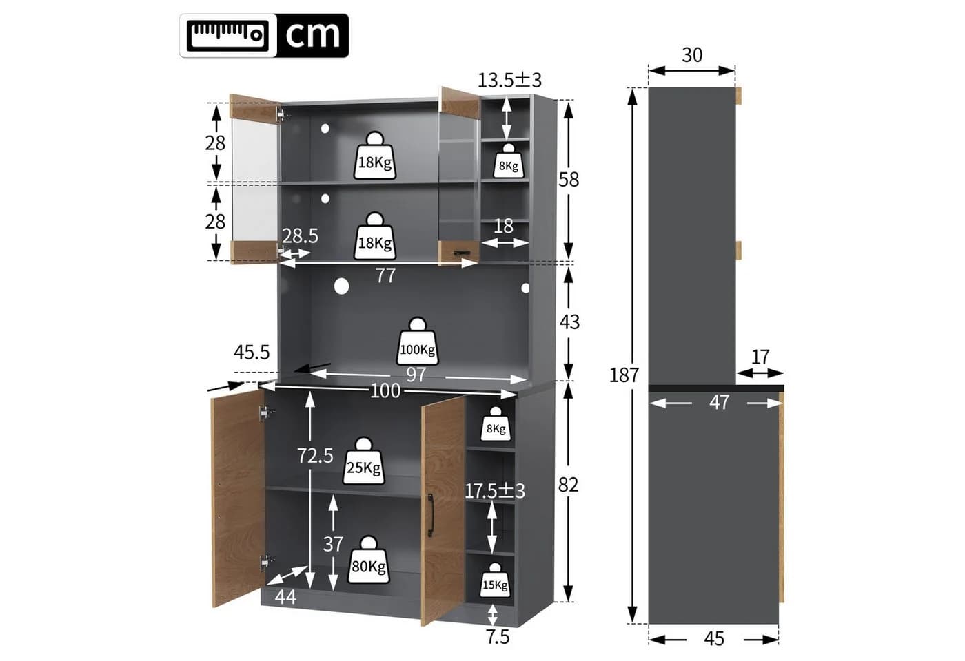 Flieks Küchenbuffet Hochschrank mit LED-Beleuchtung und Glastüren - Bild 4