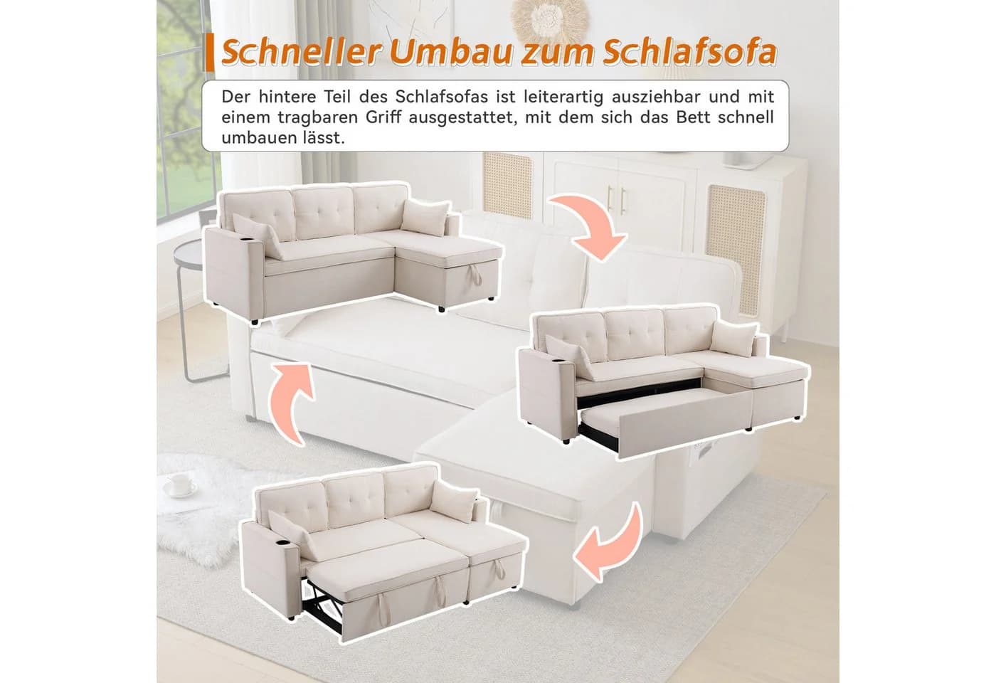 Merax Ecksofa L-Form mit Schlaffunktion und Stauraum Beige - Bild 4