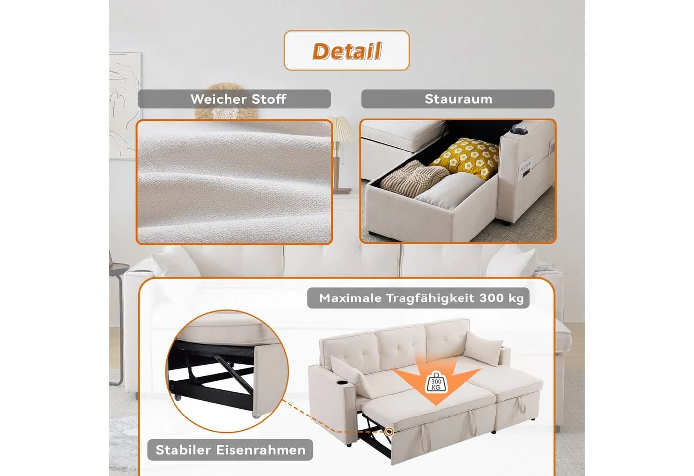 Merax Ecksofa L-Form mit Schlaffunktion und Stauraum Beige - Bild 5