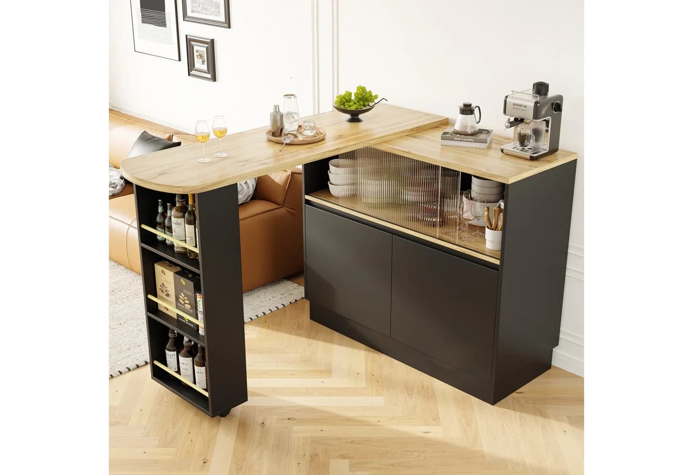 Flieks Bartisch 360° drehbar mit Sideboard Schwarz