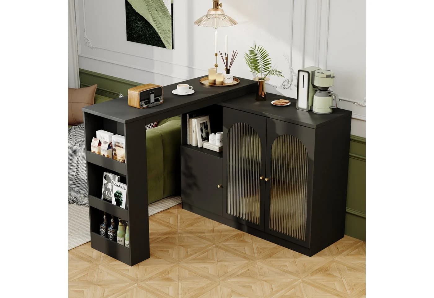 Flieks Bartisch 360° drehbar mit Sideboard Schwarz