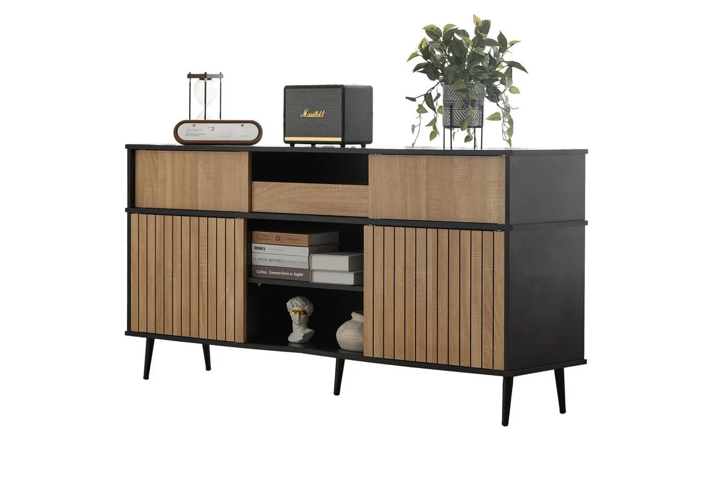 Merax Sideboard 4 Schiebetüren 1 Schublade Schwarz Eiche - Bild 2