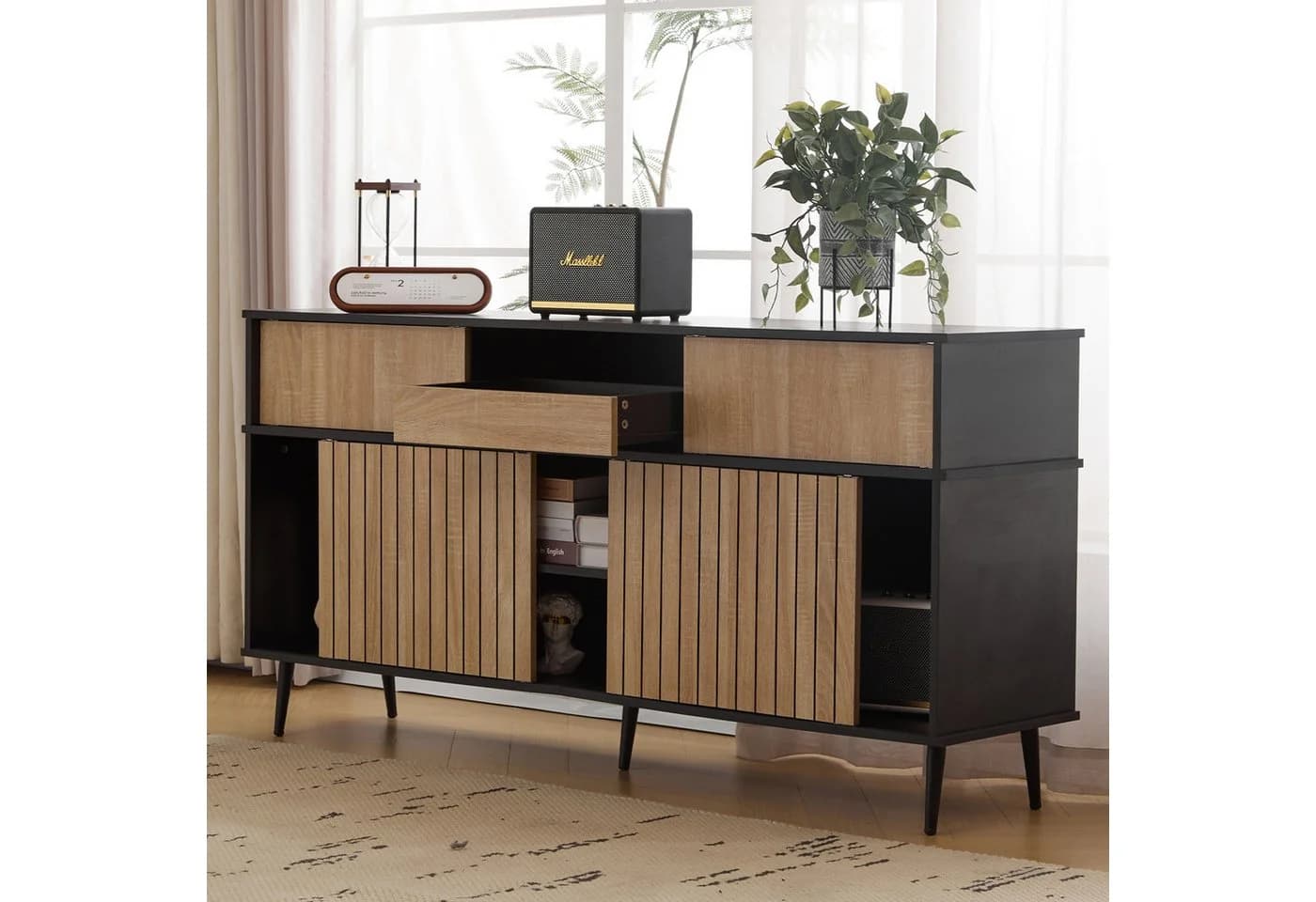 Merax Sideboard 4 Schiebetüren 1 Schublade Schwarz Eiche - Bild 3