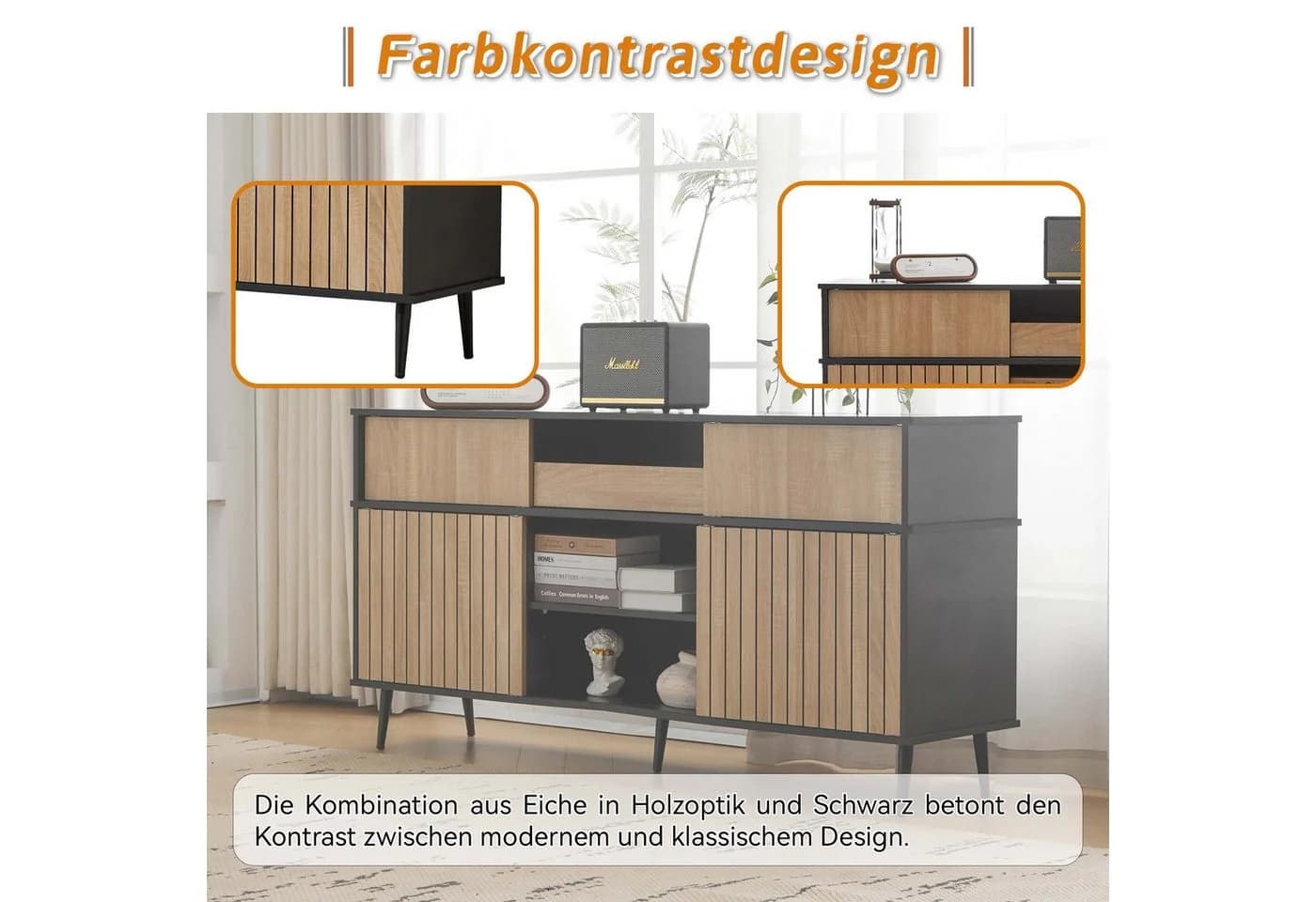 Merax Sideboard 4 Schiebetüren 1 Schublade Schwarz Eiche - Bild 5