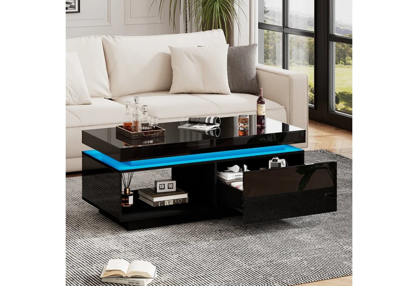 Merax Couchtisch Hochglanz Schwarz mit LED-Beleuchtung und Schublade
