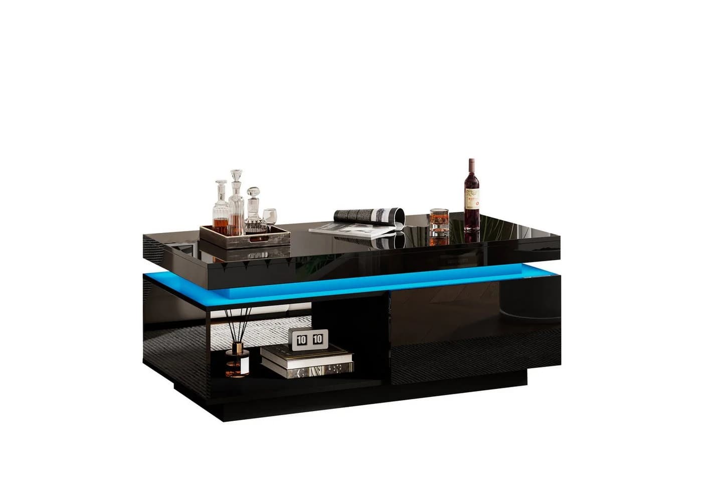 Merax Couchtisch Hochglanz Schwarz mit LED-Beleuchtung und Schublade - Bild 2