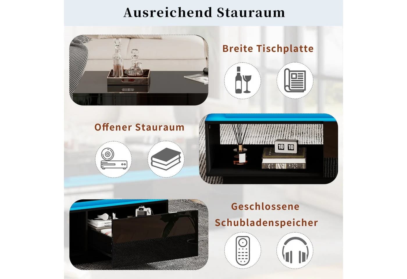 Merax Couchtisch Hochglanz Schwarz mit LED-Beleuchtung und Schublade - Bild 5