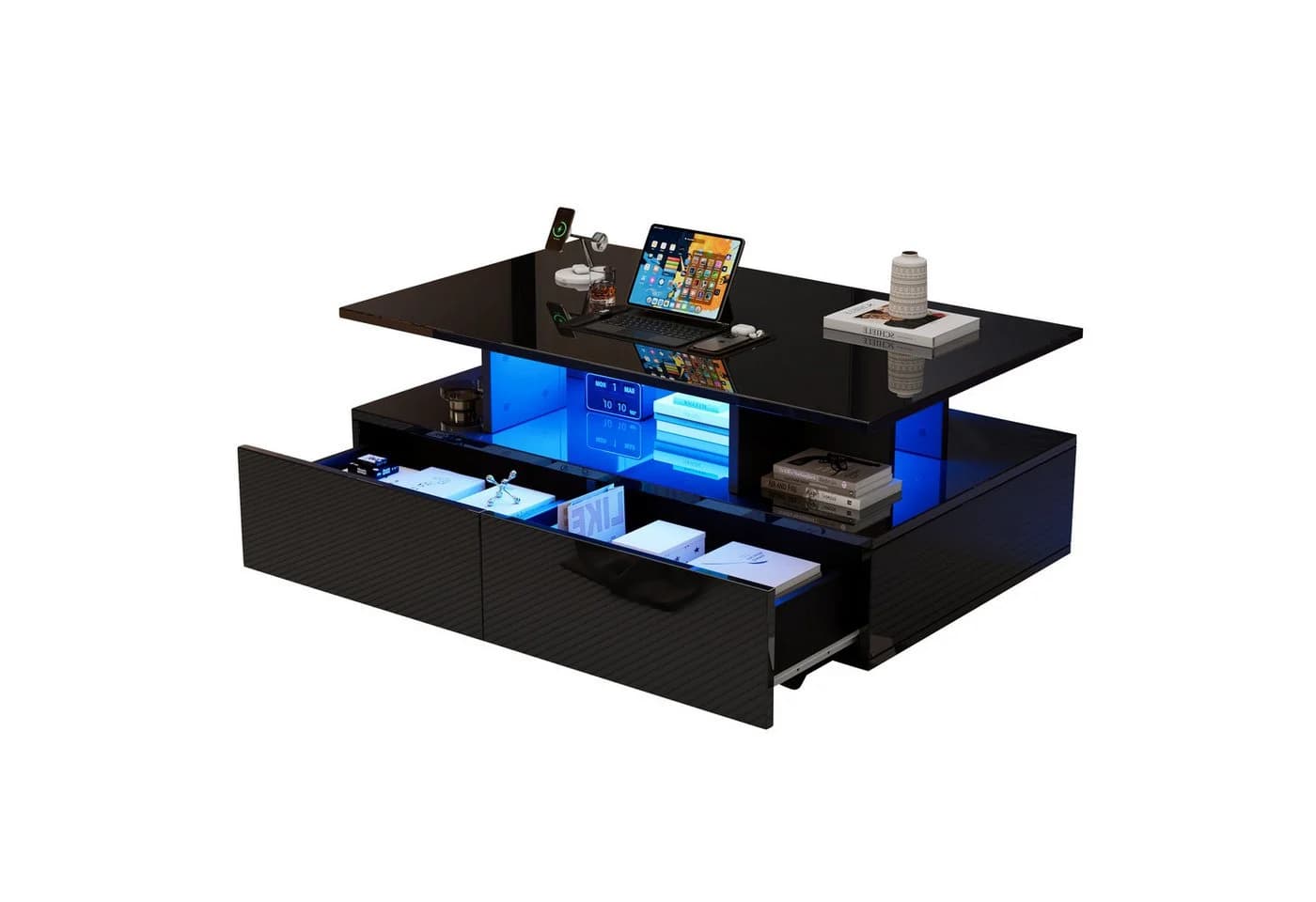 Merax Couchtisch Hochglanz mit LED-Beleuchtung und 2 Schubladen Weiß/Schwarz - Bild 2