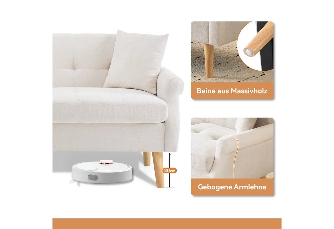 Merax 2-Sitzer Doppelsofa Beige Chenille mit Massivholzbeinen