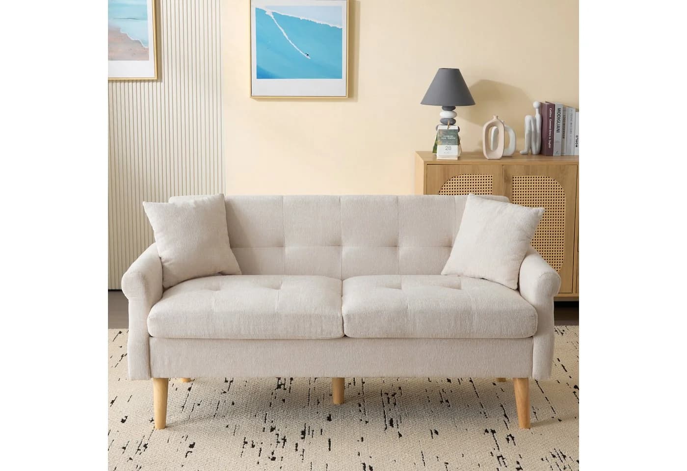 Merax 2-Sitzer Doppelsofa Beige Chenille mit Massivholzbeinen - Bild 2