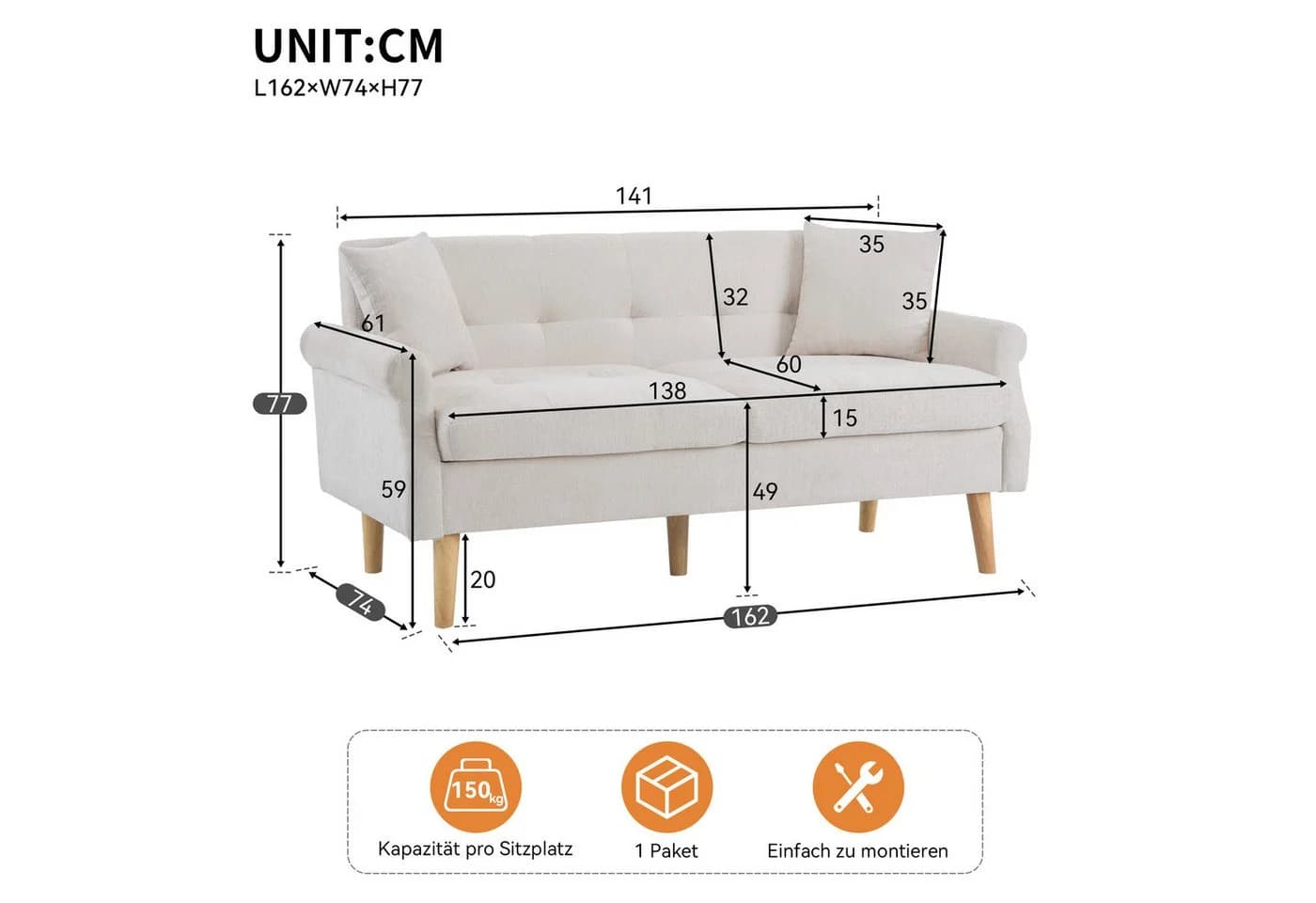 Merax 2-Sitzer Doppelsofa Beige Chenille mit Massivholzbeinen - Bild 4