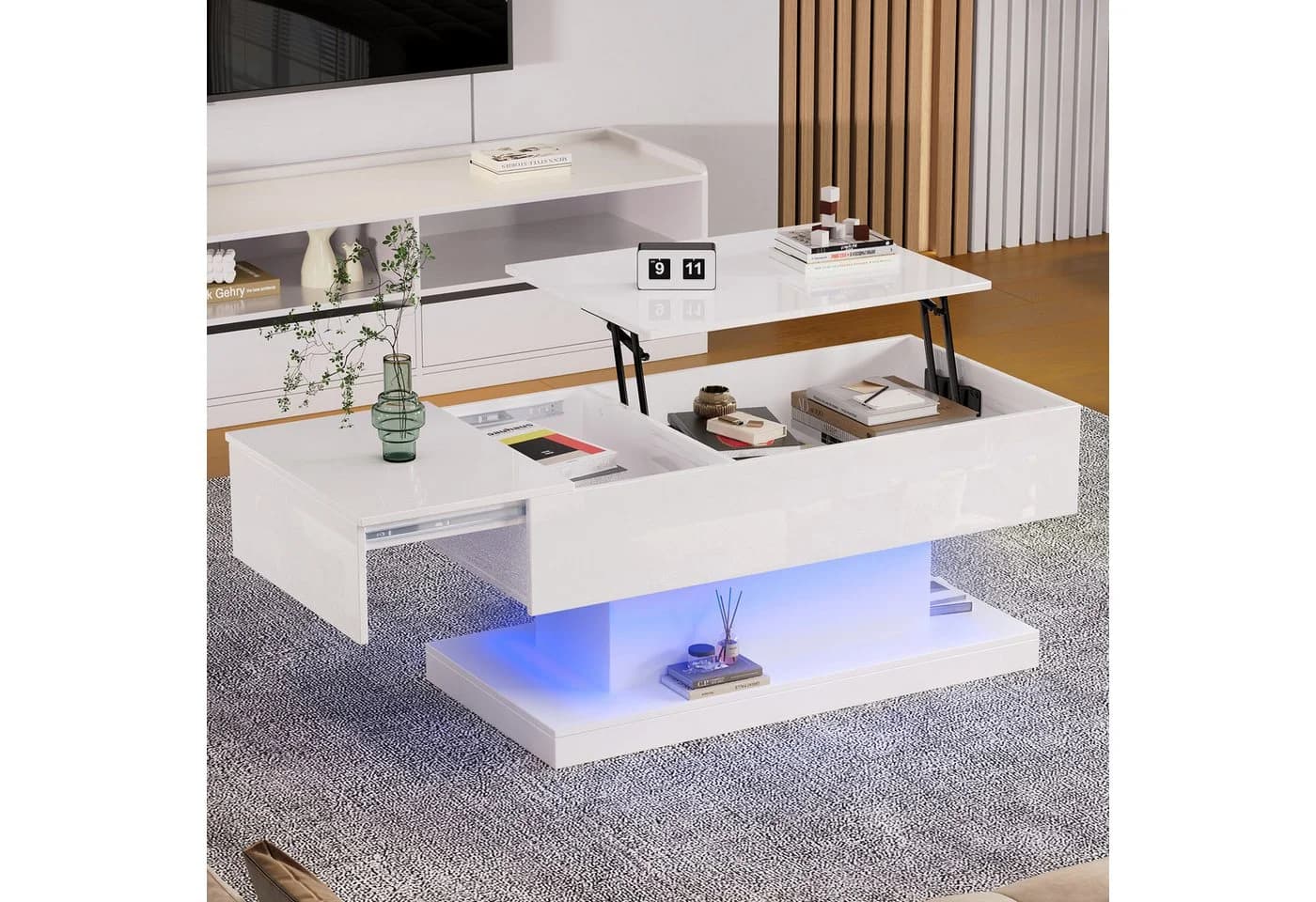 Merax Couchtisch Schwarz Hochglanz mit hydraulischem Lift und LED - Bild 3