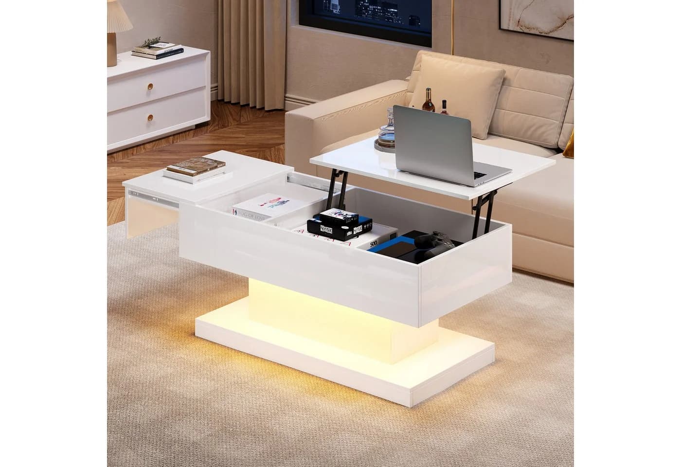 Merax Couchtisch Schwarz Hochglanz mit hydraulischem Lift und LED - Bild 4