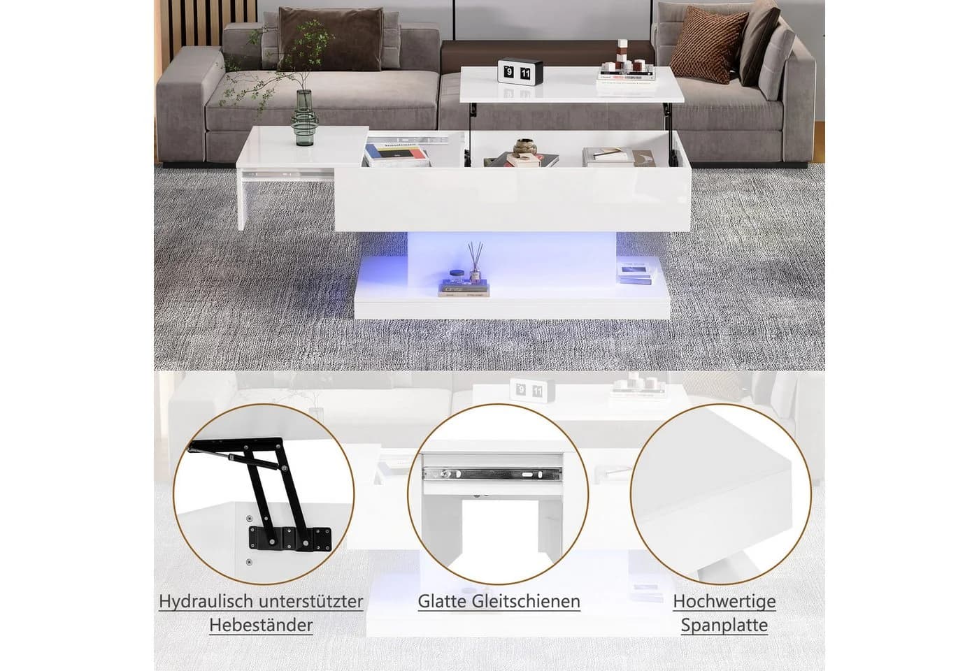 Merax Couchtisch Schwarz Hochglanz mit hydraulischem Lift und LED - Bild 5