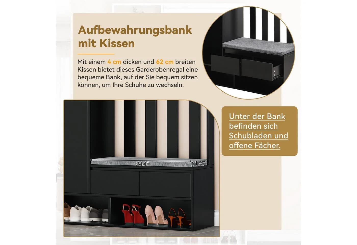 Flieks Garderobenständer Schwarz mit Schuhbank und Stecktafel - Bild 5